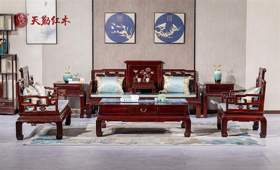 天勤紅木 紅木家具印尼黑酸枝(學(xué)名：闊葉黃檀)卷書沙發(fā)沙發(fā)客廳系列7件套圖片及家具