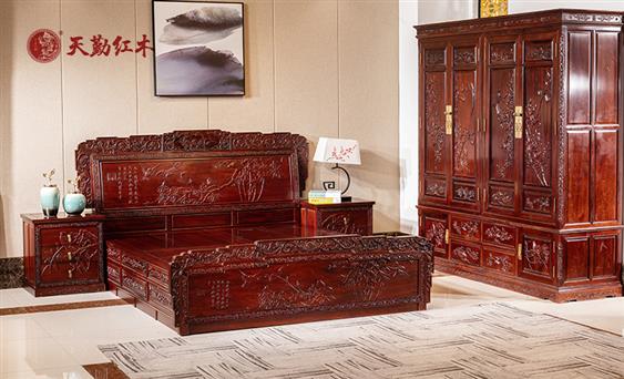 天勤紅木 紅木家具紅酸枝（學(xué)名：巴里黃檀）盛世和諧畫鳥大床紅酸枝